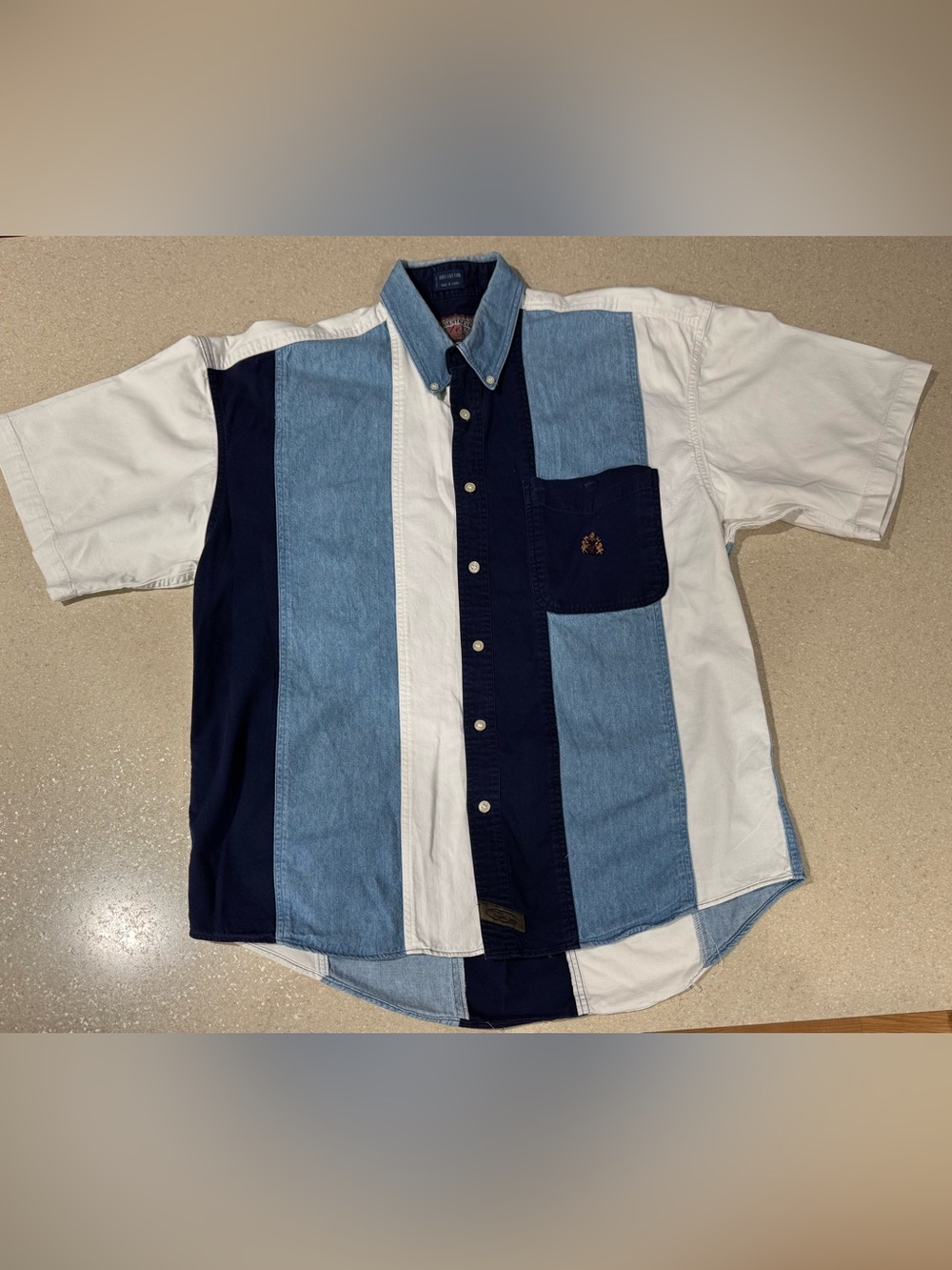 Men's Striped Panel Button-Down - Navy, Light Blue & White, 90’s theme, Denim